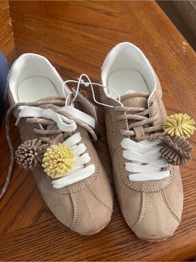 Jojo Taupe and Yellow Pom Pom Suede Sneakers